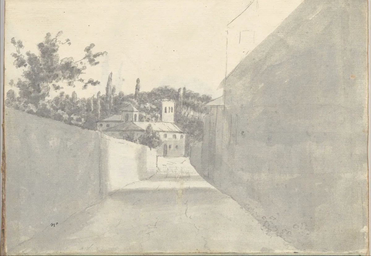 Walled street and distant villa at Rome (Smaller Italian sketchbook, leaf 7 recto) by Joseph Wright, drawing, 1774-1775