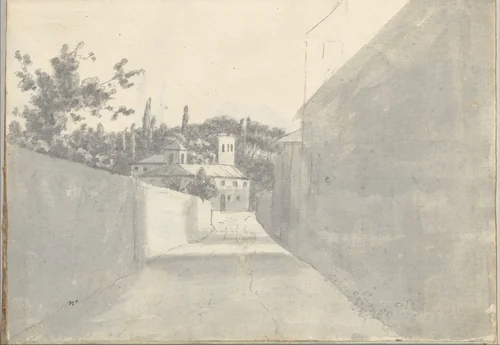 Walled street and distant villa at Rome (Smaller Italian sketchbook, leaf 7 recto) by Joseph Wright, drawing, 1774-1775