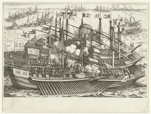 Eerste zeeslag van de vloot van Ferdinando I de' Medici tegen de Turkse vloot by Jacques Callot, print, 1614-1620