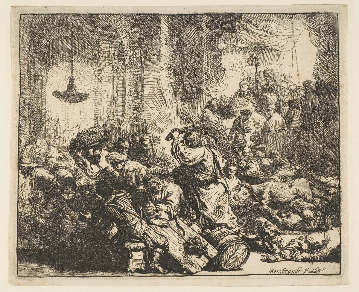 Christ Driving the Money-Changers from the Temple by Rembrandt van Rijn, print, 1635