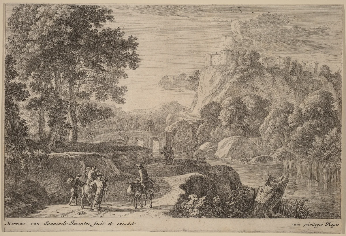 Travelers on Road to Left of a Stream by Herman van Swanevelt, print, 1600-1655