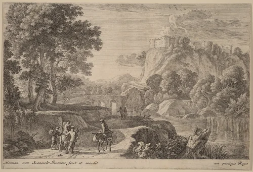 Travelers on Road to Left of a Stream by Herman van Swanevelt, print, 1600-1655