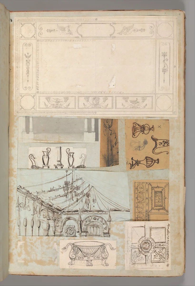 Page from a Scrapbook containing Drawings and Several Prints of Architecture, Interiors, Furniture and Other Objects by Charles Percier, book, 1795-1805