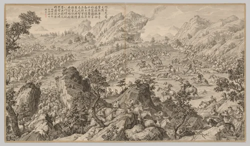 Battle at A'erchu'er: from Battle Scenes of the Quelling of Rebellions in the Western Regions, with Imperial Poems by Jean Damascene Sallusti, print, 1766-1774