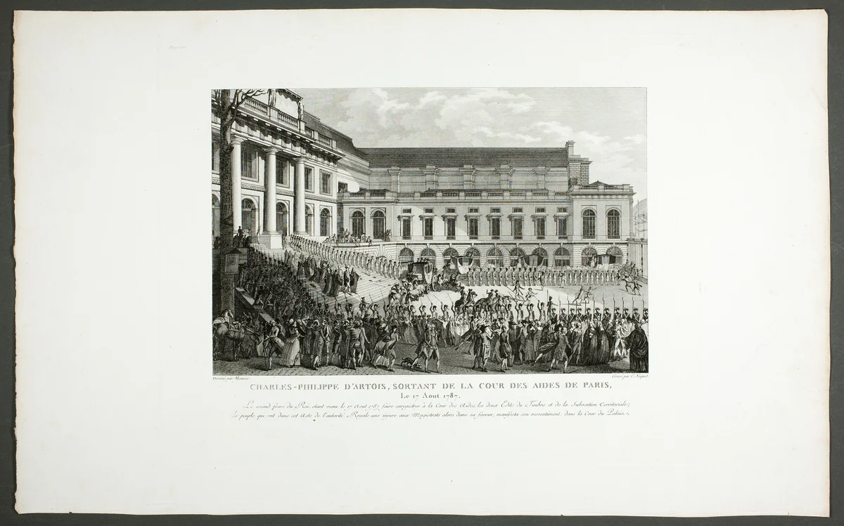 Charles-Philippe d'Artois Leaving for the Cour des Aides, Paris, from the series Tableaux historiques de la Révolution française by Claude Niquet, print, 1798-1804