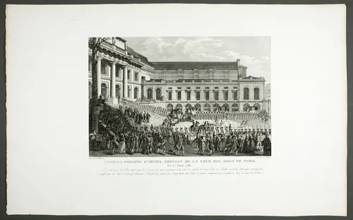 Charles-Philippe d'Artois Leaving for the Cour des Aides, Paris, from the series Tableaux historiques de la Révolution française by Claude Niquet, print, 1798-1804