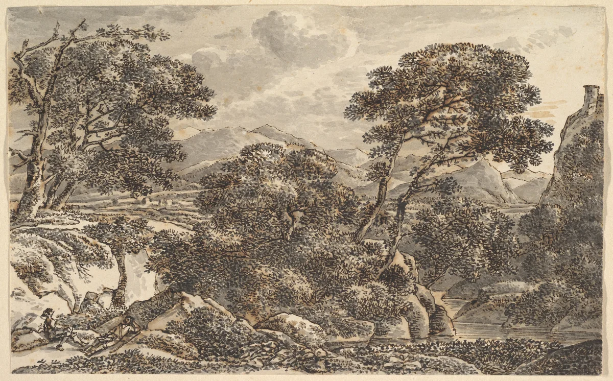 Southern Landscape with Resting Wayfarers at a River by Ferdinand Kobell, drawing, 1760-1799