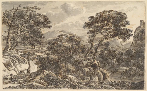 Southern Landscape with Resting Wayfarers at a River by Ferdinand Kobell, drawing, 1760-1799