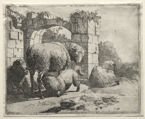 Sheep Near the Ruins of an Arch by Johann Heinrich Roos, print, 1665