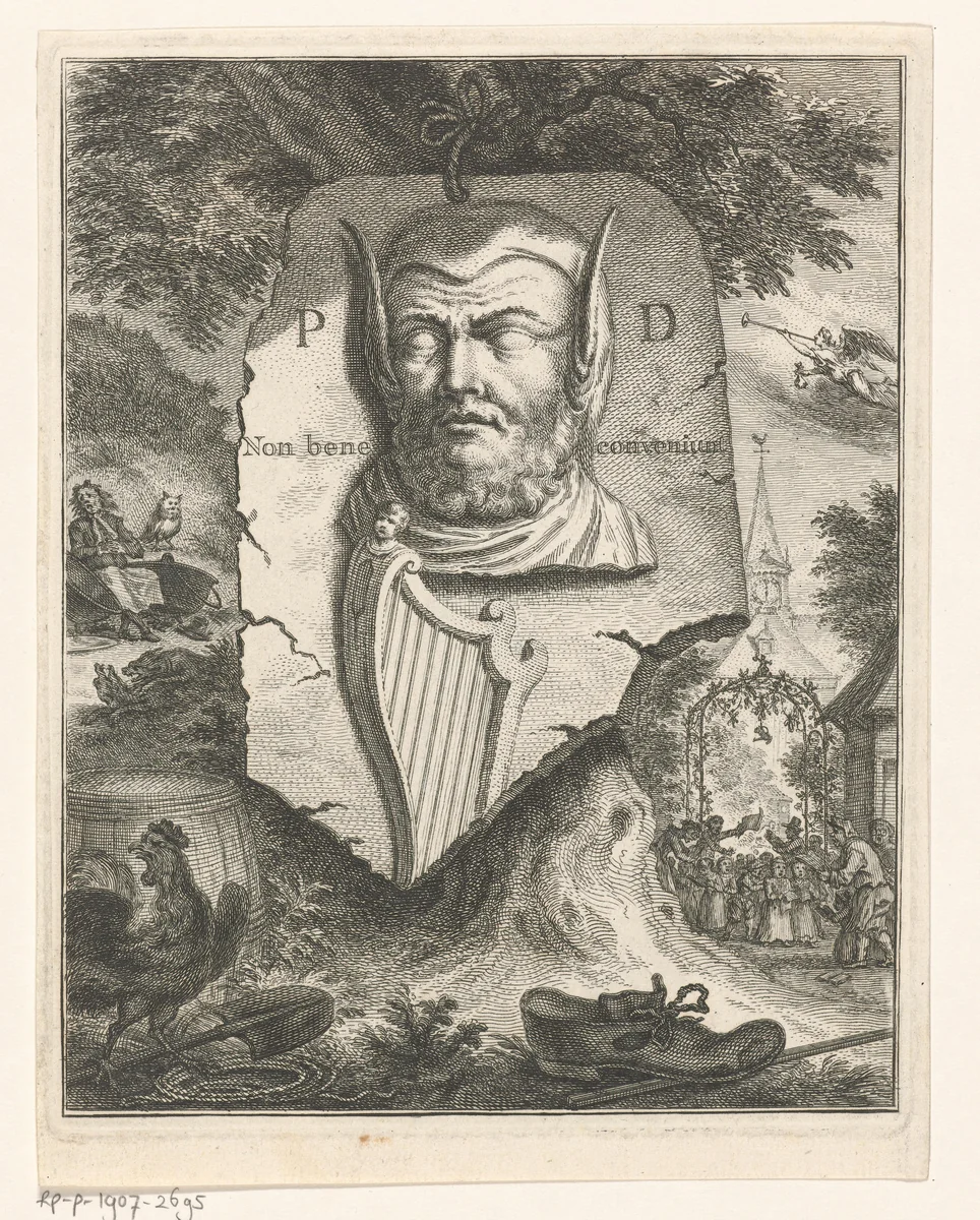 Reliëf van een mannelijk gezicht met narrenkap en harp by Simon Fokke, print, 1722-1784