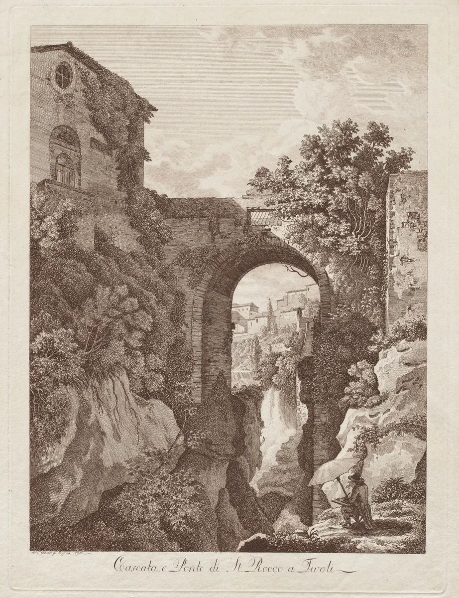 St. Rocco Waterfall and Bridge at Tivoli (Cascata e Ponte di St. Rocco a Tivoli) by Albert Christoph Dies, print, 1795