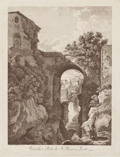 St. Rocco Waterfall and Bridge at Tivoli (Cascata e Ponte di St. Rocco a Tivoli) by Albert Christoph Dies, print, 1795