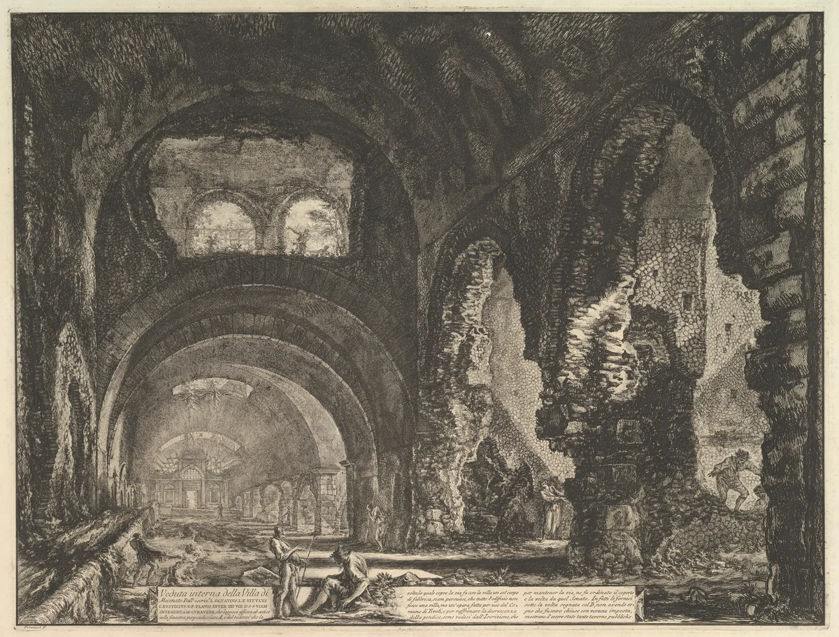 The so-called Villa of Maecenas at Tivoli. Interior with two figures in the opening of an arch above. (Veduta interna della Villa di Mecenate) by Giovanni Battista Piranesi, print, 1759-1769