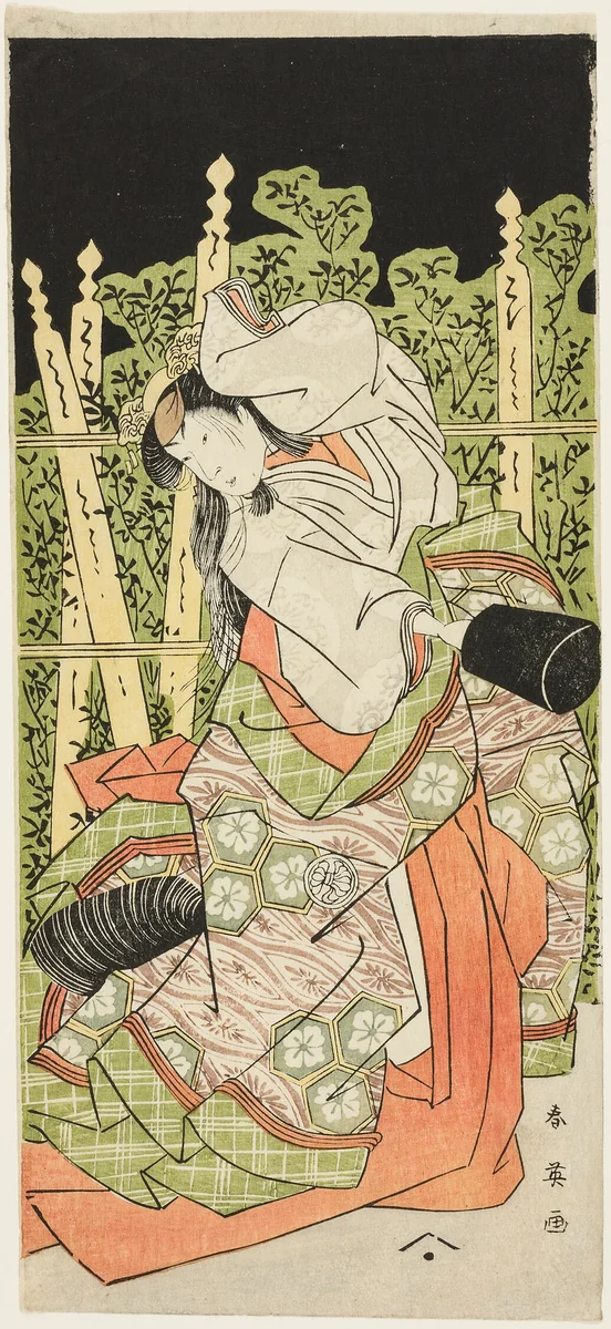 Actor Segawa Kikunojô III Possibly as Ono no Komachi in “Komachi Village: New Year at the Theater” (“Komachimura shibai no shôgatsu”) by Katsukawa Shun'ei (勝川春英), print, 1784-1794