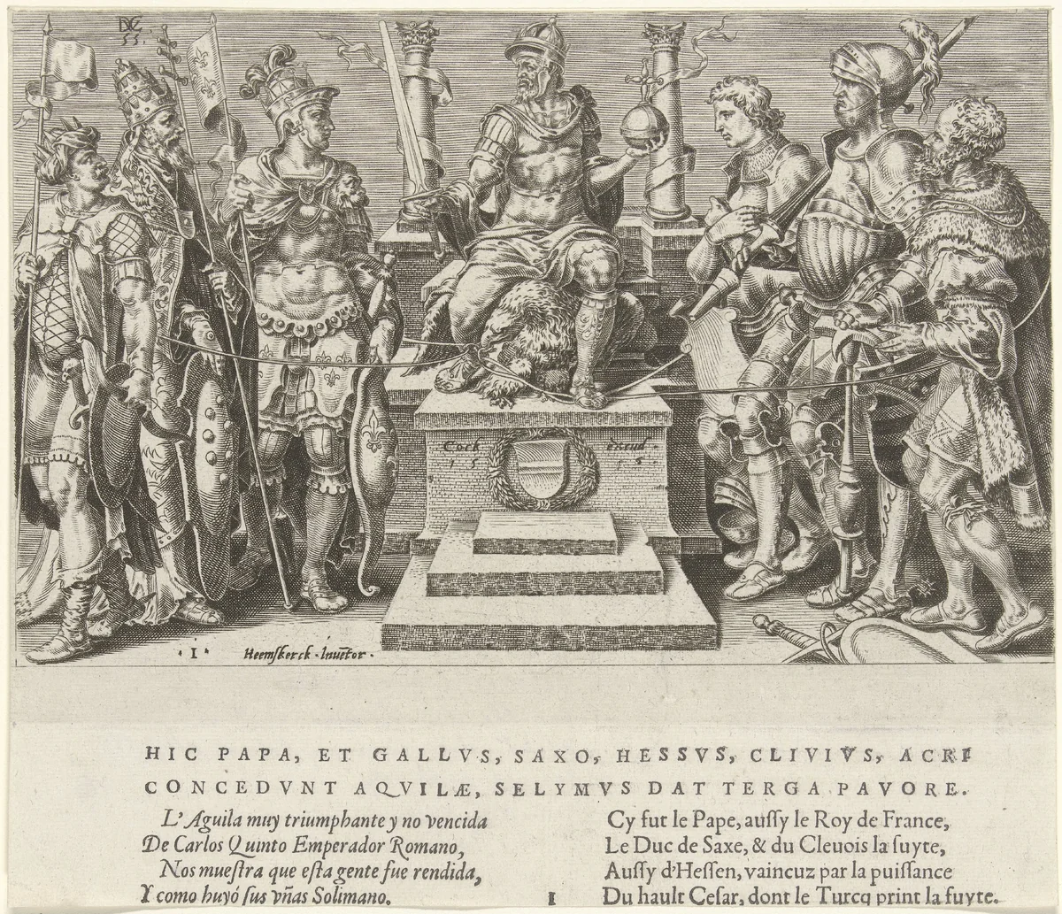 Keizer Karel V omgeven door zijn overwonnen tegenstanders by Unknown, print, 1555