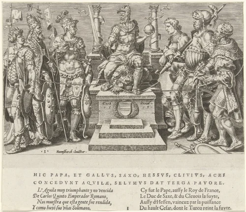 Keizer Karel V omgeven door zijn overwonnen tegenstanders by Unknown, print, 1555