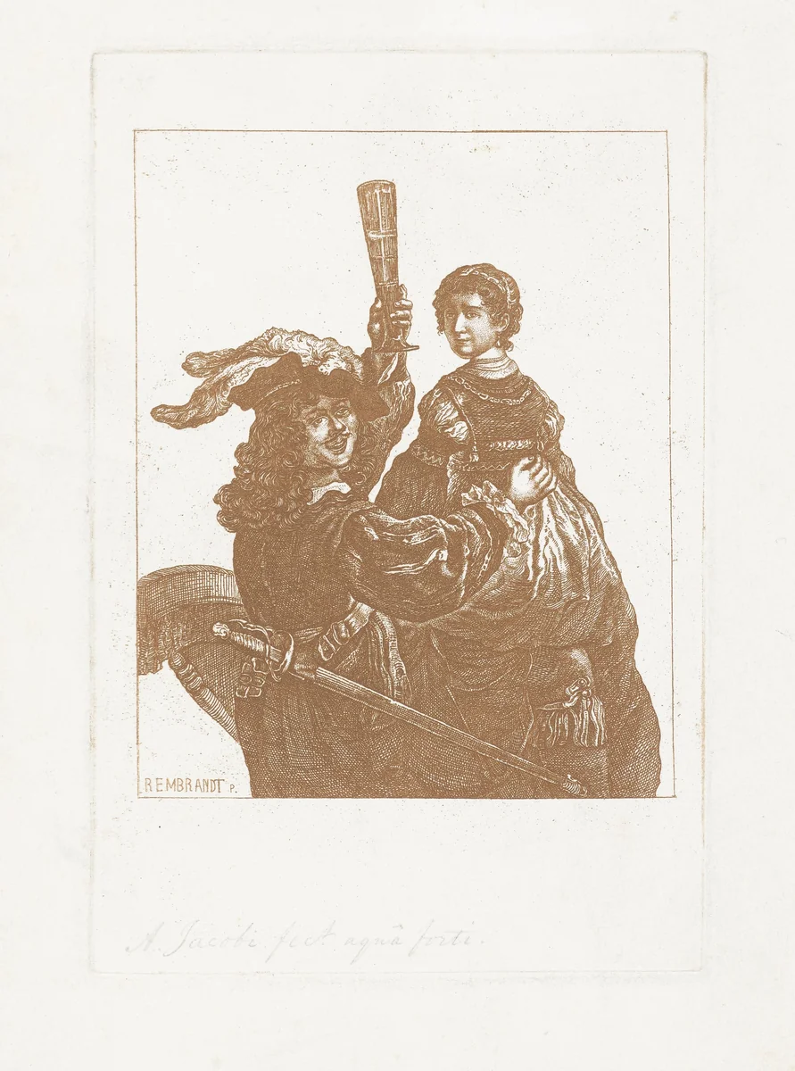 Portret van Rembrandt en Saskia by Abraham Jacobi, print, 1824-1871
