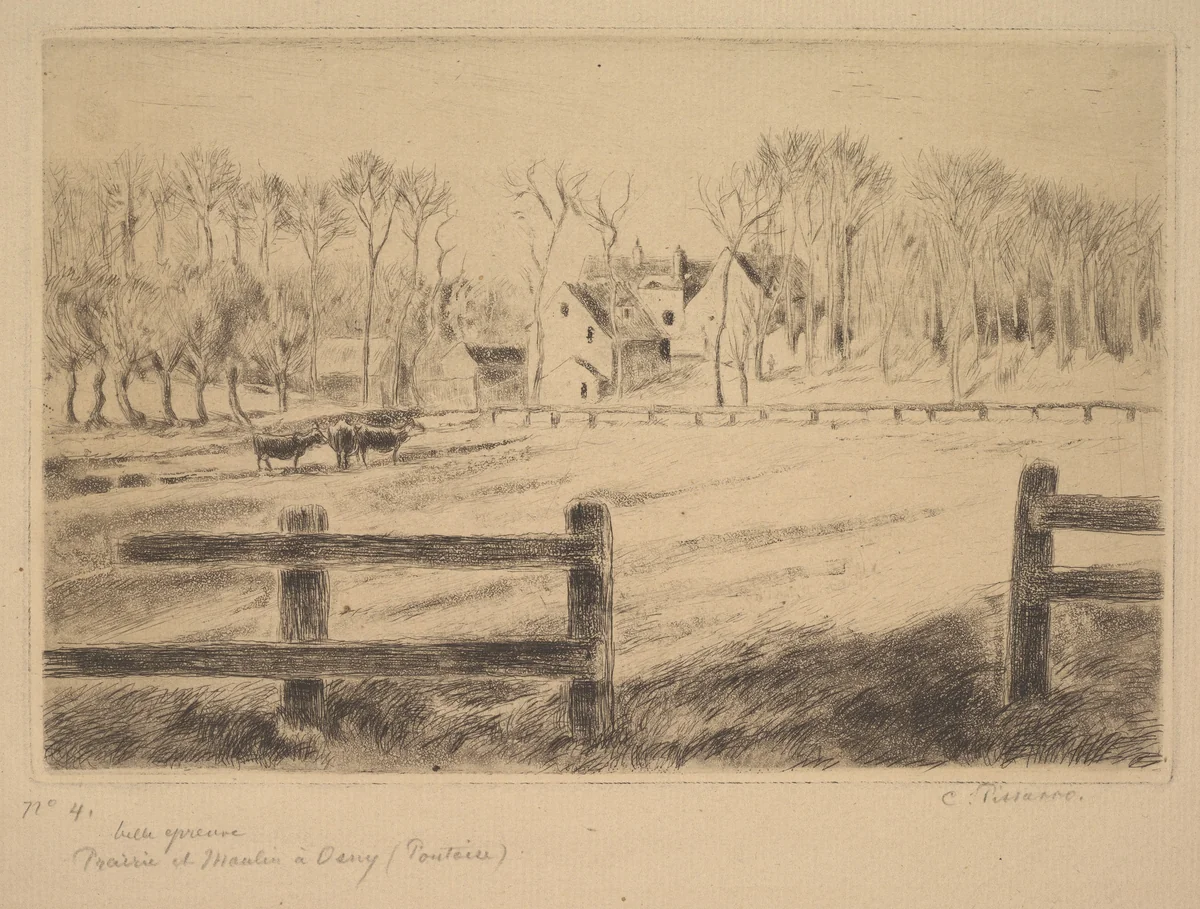 Field and Mill at Osny (Pontoise), 1885 by Camille Pissarro, print, 1885