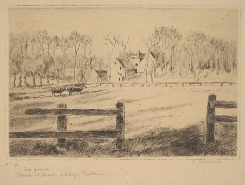 Field and Mill at Osny (Pontoise), 1885 by Camille Pissarro, print, 1885