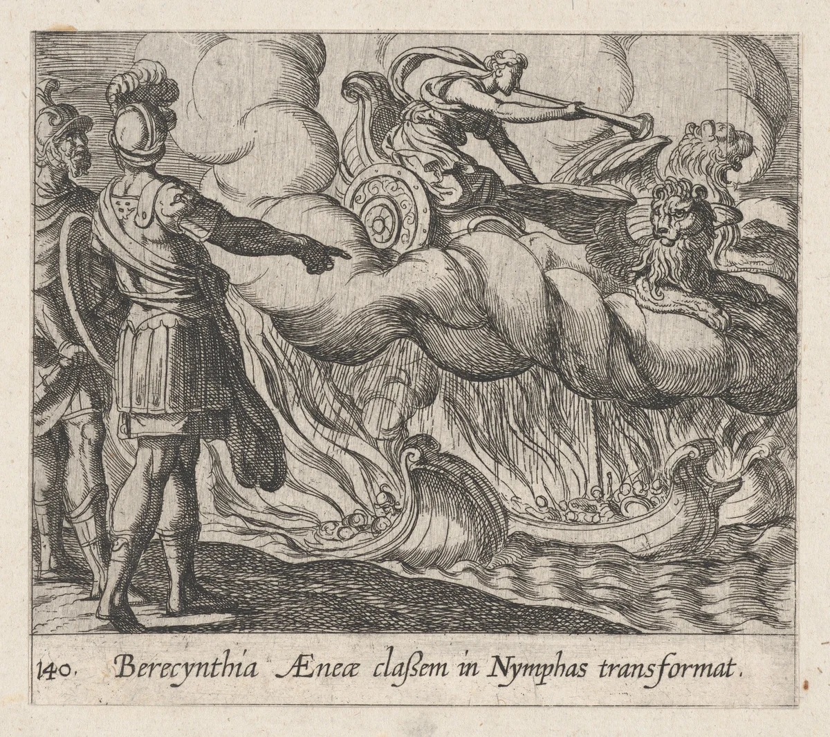 Plate 140: The Trojan Ships Changed into Nymphs (Berecynthia AEneae classem in Nymphas transformat), from Ovid's 'Metamorphoses' by Antonio Tempesta, print, 1606