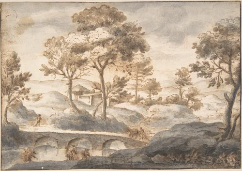 Landscape with Bridge by anonymous, drawing, 1600-1699