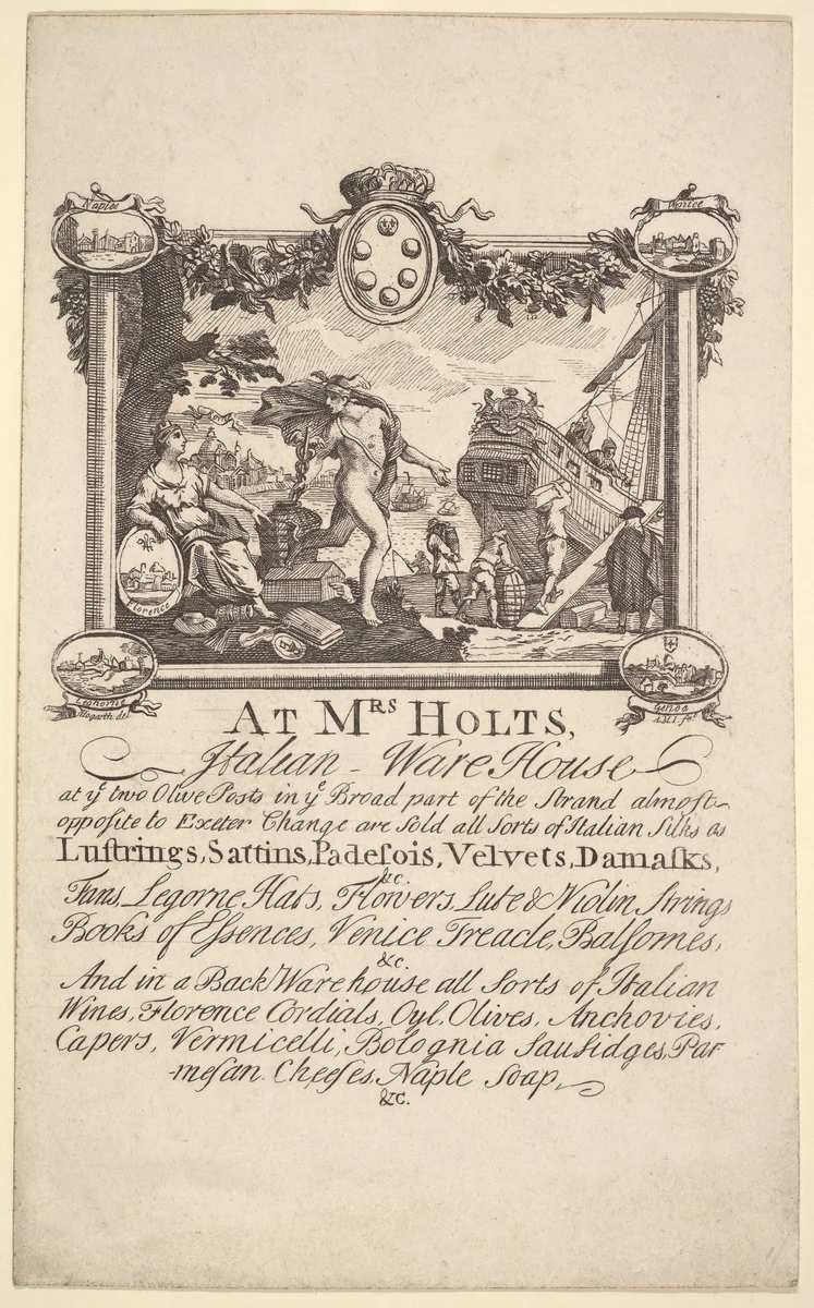 Shop Card for Mrs. Holt's Italian Warehouse by William Hogarth, print, 1720-1772