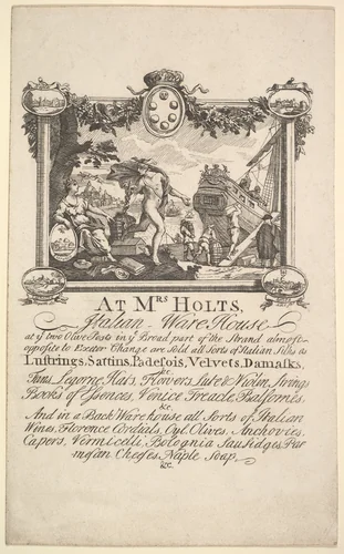 Shop Card for Mrs. Holt's Italian Warehouse by William Hogarth, print, 1720-1772
