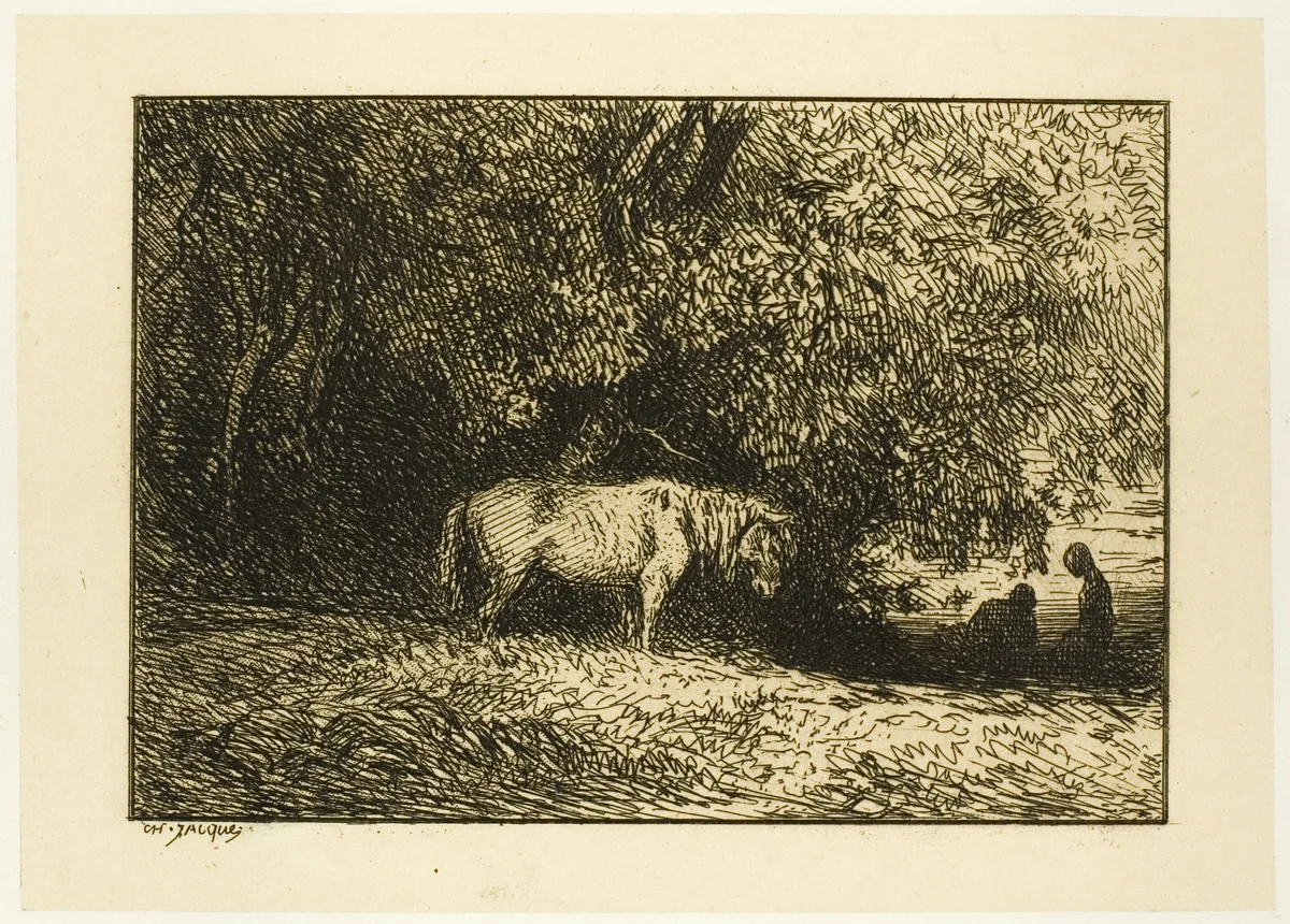 Horse in a Wood by Charles-Émile Jacque, print, 1846