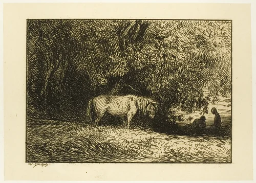 Horse in a Wood by Charles-Émile Jacque, print, 1846