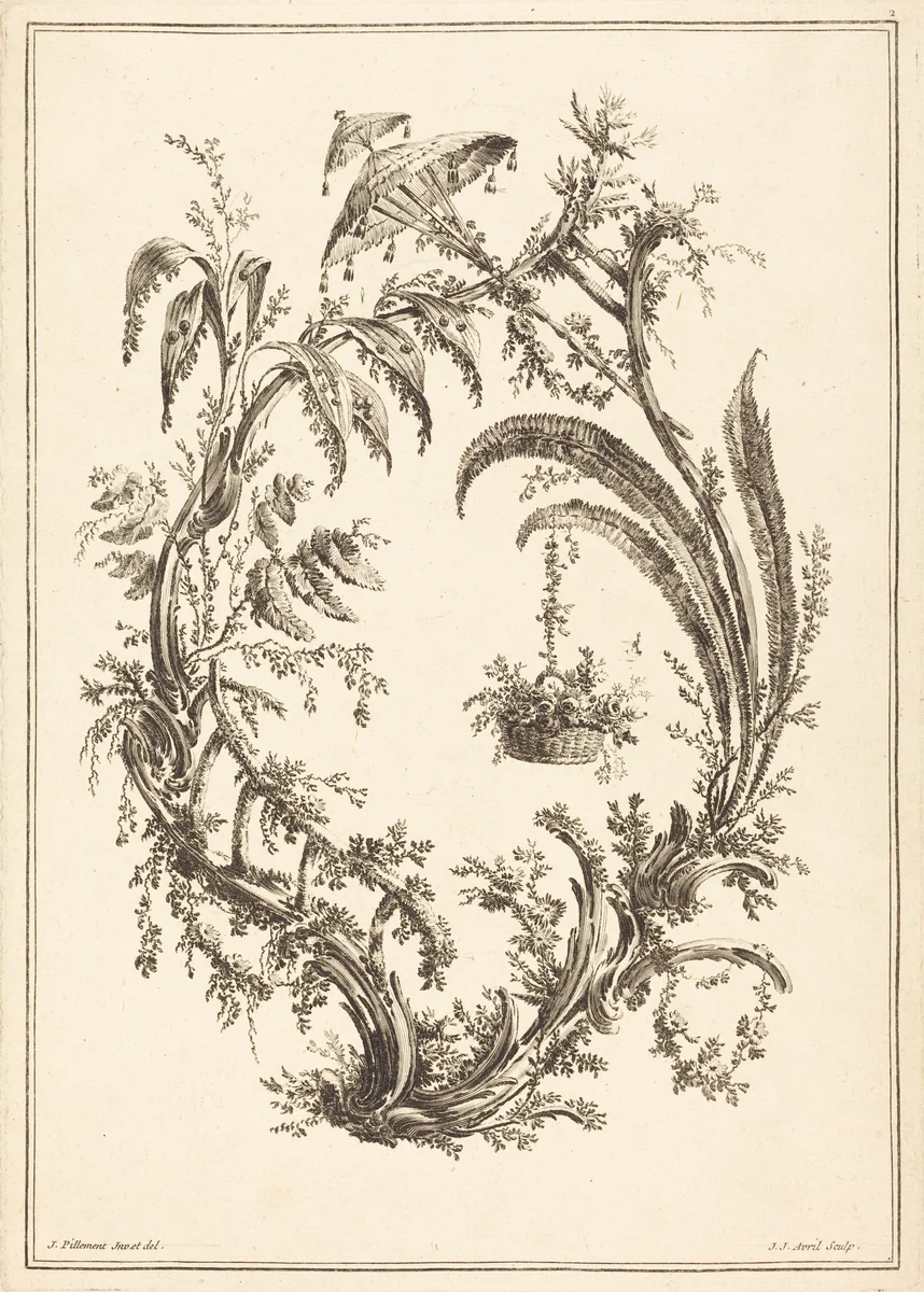 Ornament with Parasol and Hanging Basket by Jean-Jacques Avril; Jean-Baptiste Pillement, print, 1744-1831