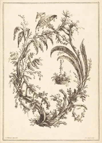 Ornament with Parasol and Hanging Basket by Jean-Jacques Avril; Jean-Baptiste Pillement, print, 1744-1831