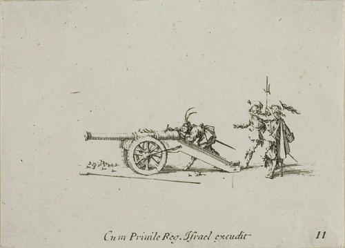 Loading the Canon, plate eleven from The Military Exercises by Jacques Callot, print, 1635