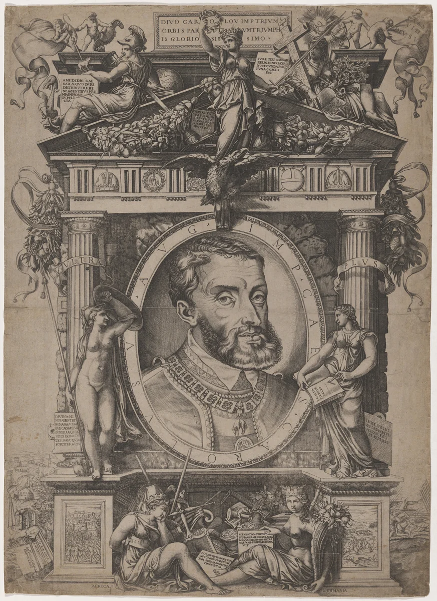 Emperor Charles V by Nicolò della Casa; Enea Vico; Antonio Salamanca, print, 1553-1619