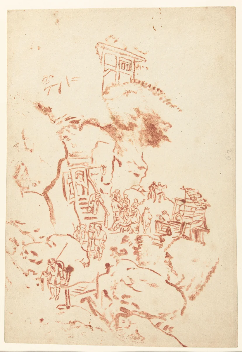 Bergwand met rotswoningen by anonymous, drawing, 1700