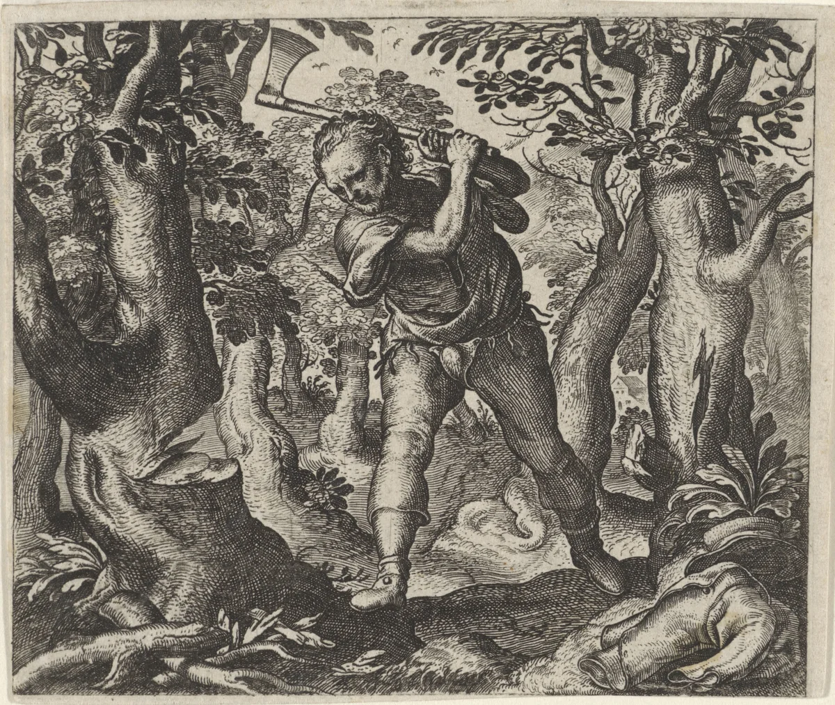 Fabel van de houthakker en het bos by Aegidius Sadeler, print, 1608