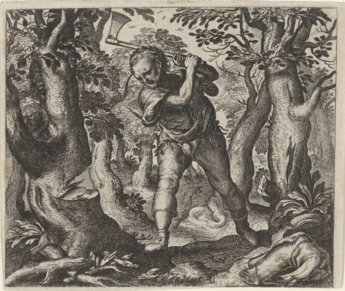 Fabel van de houthakker en het bos by Aegidius Sadeler, print, 1608