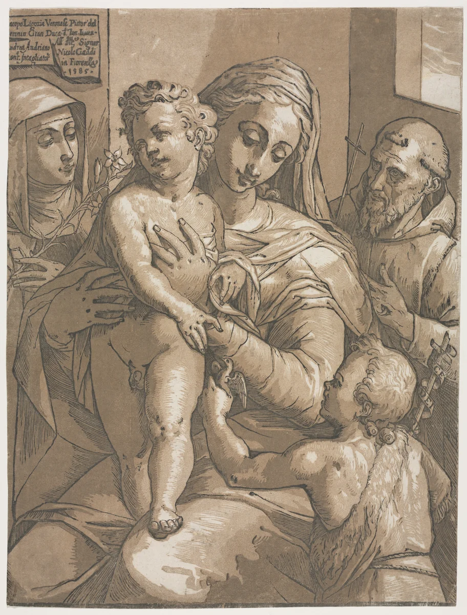 Virgin and Child with St. John, St. Catherine of Siena and St. Francis by Andrea Andreani, print, 1585