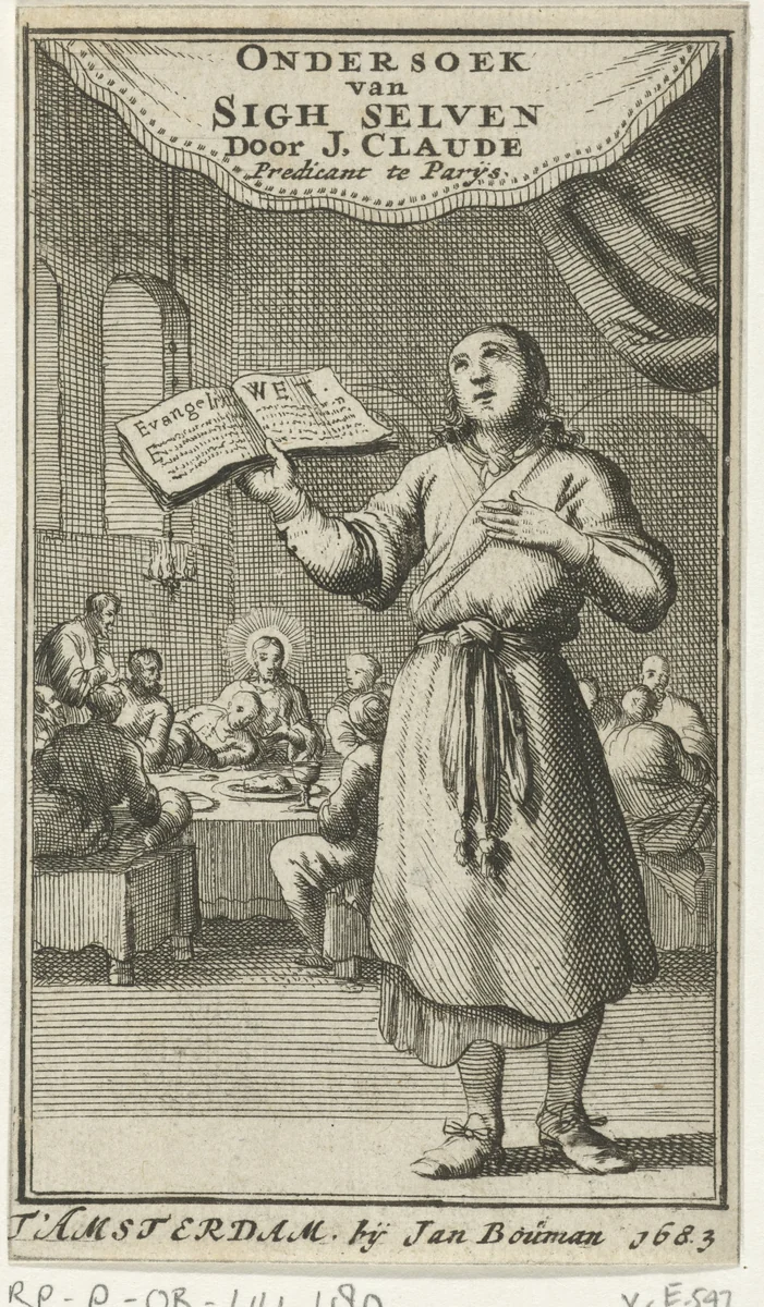 Staande man met geopend boek by Jan Luyken, print, 1683