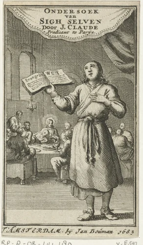 Staande man met geopend boek by Jan Luyken, print, 1683