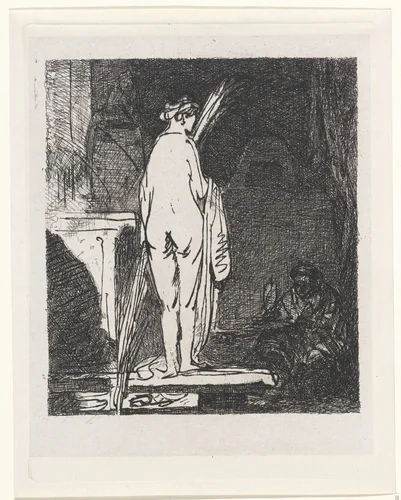 Kunstenaar tekent naar een naaktmodel by Jan Weissenbruch, print, 1837-1880