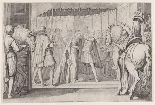 Copy of Couronnement de Christine de Lorraine, la Grande Duchesse (Coronation of the Grand Duchess, Christine de Lorraine), from "La Vie de Ferdinand Ier de Médicis série appelée aussi Les Batailles des Médicis" (The Life of Ferdinand I de'Medici also called The Medici Battles) by Jacques Callot, print, 1614-1700