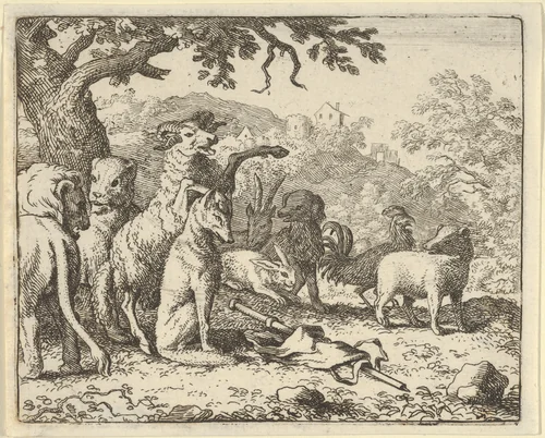 The Ram, Chapelain of the Lion, Gives the Benediction to Renard before His Depature for Rome from Hendrick van Alcmar's Renard The Fox by Allart van Everdingen, print, 1650-1675