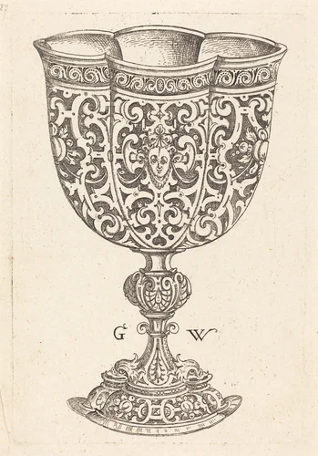 Chalice with six embossings, base decorated with two dolphins by Georg Wechter, print, 1579