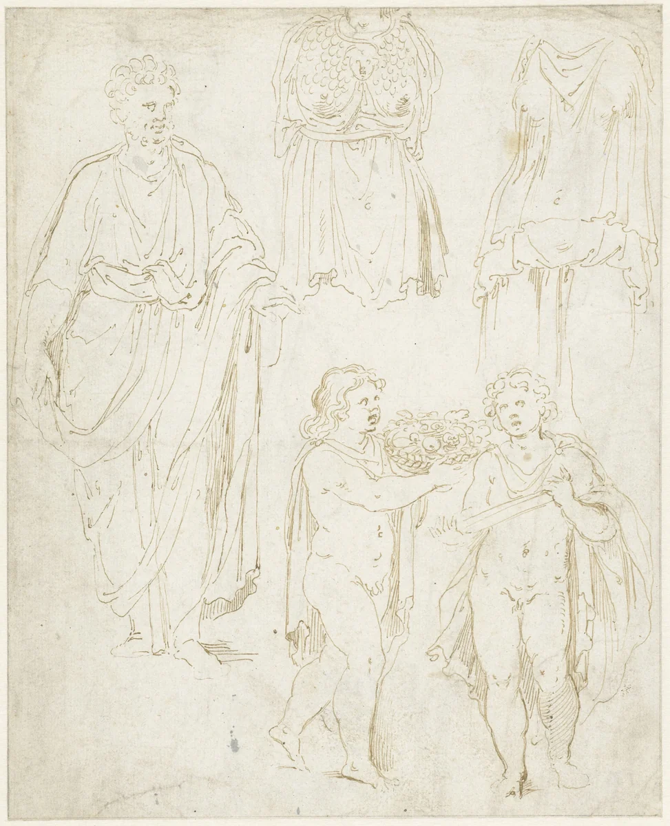 Man en-face, twee naakte kinderen en een Minervabuste by Unknown, drawing, 1530-1600