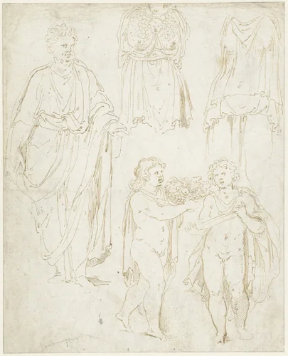 Man en-face, twee naakte kinderen en een Minervabuste by Unknown, drawing, 1530-1600