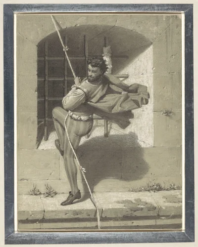 Benvenuto Cellini ontvlucht de Engelenburcht te Rome aan een koord van aaneengeknoopte doeken by Karl Theodor Piloty, drawing, 1836-1886