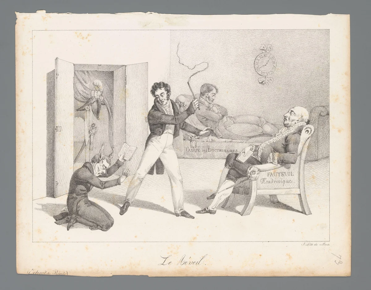 Man zweept ingedutte geleerden op by anonymous, print, 1822