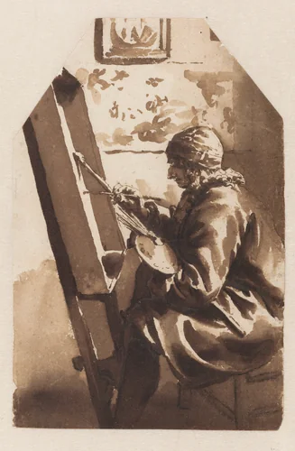 A Painter Seated at his Easel by Jan de Bisschop, drawing, 1648-1671