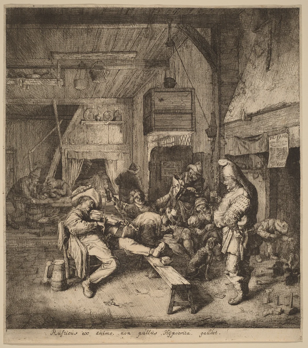 Violin Player Seated in a Tavern by Cornelis Dusart, print, 1685