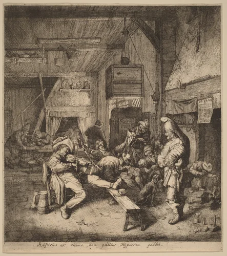 Violin Player Seated in a Tavern by Cornelis Dusart, print, 1685